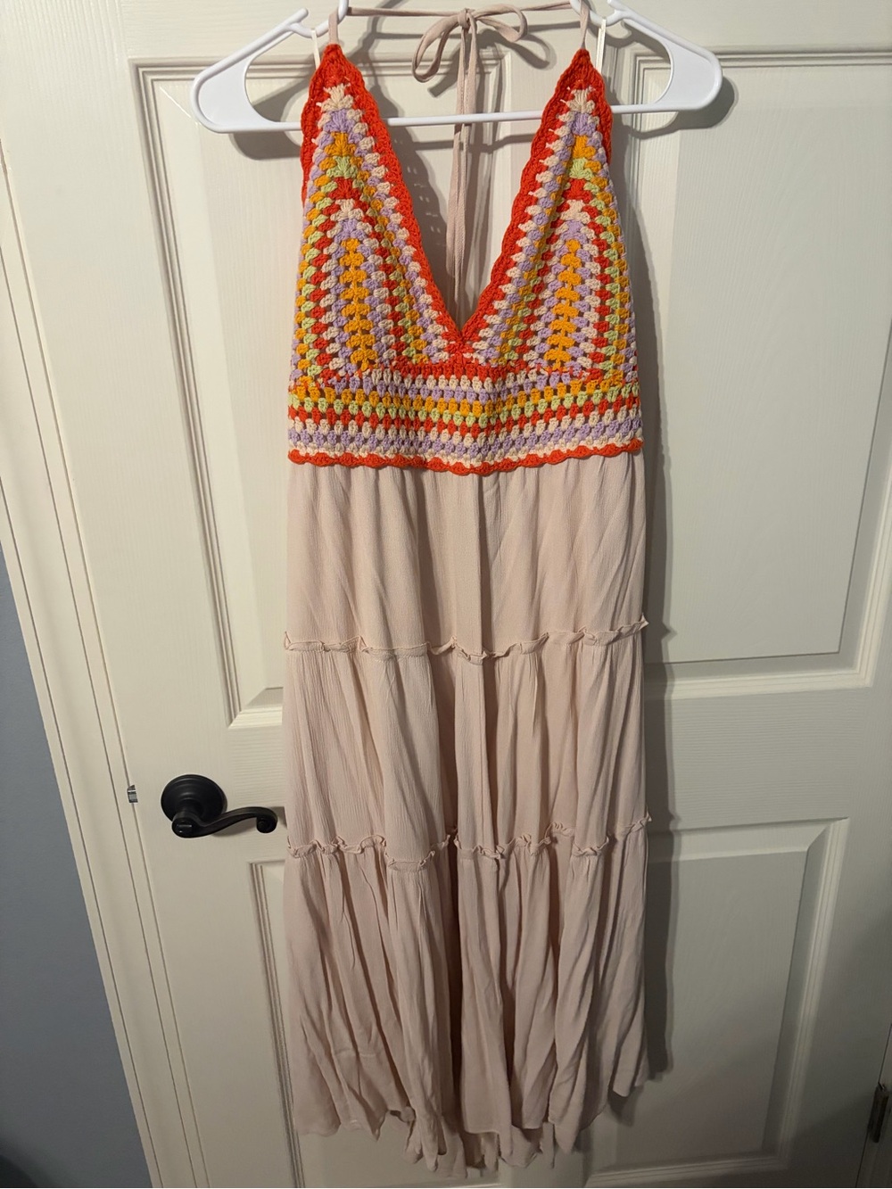 Crochet-Top Halter Maxi Dress in Cream and Multicolor